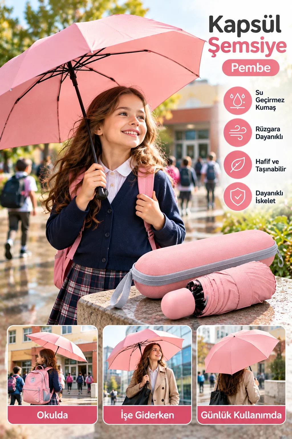 Pembe Kapsül Tasarımlı Kompakt Şemsiye Taşınabilir Koruyucu Kılıflı Pratik Kullanım