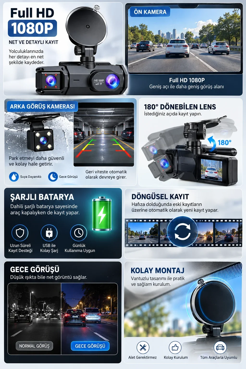 Ön Arka Kayıt 1080P Full HD 180° Geniş Açı Şarjlı Kullanım görsel 5