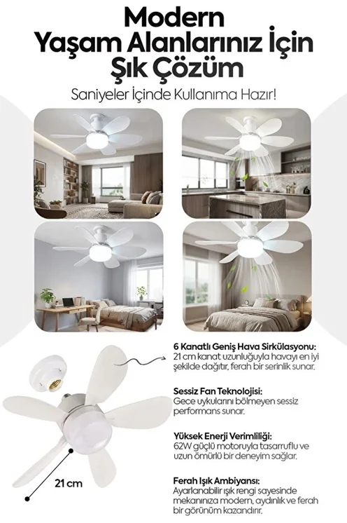 6 Kanatlı 3 Kademeli LED Aydınlatmalı Uzaktan Kumandalı Tavan Vantilatörü görsel 3