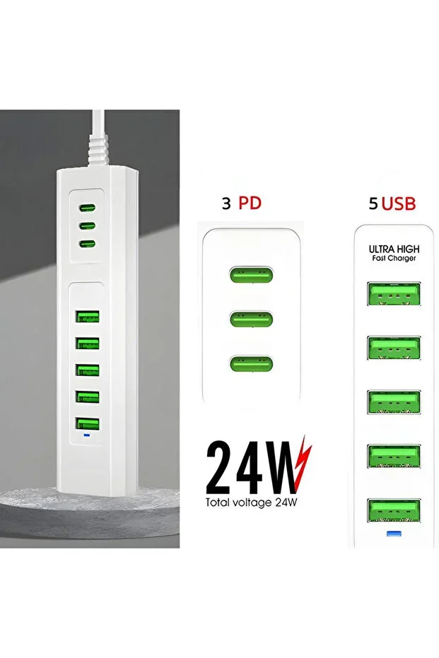 8 Portlu Çoklu USB Şarj İstasyonu 5 USB + 3 Type-C Masaüstü Çoklu Şarj Cihazı görsel 3