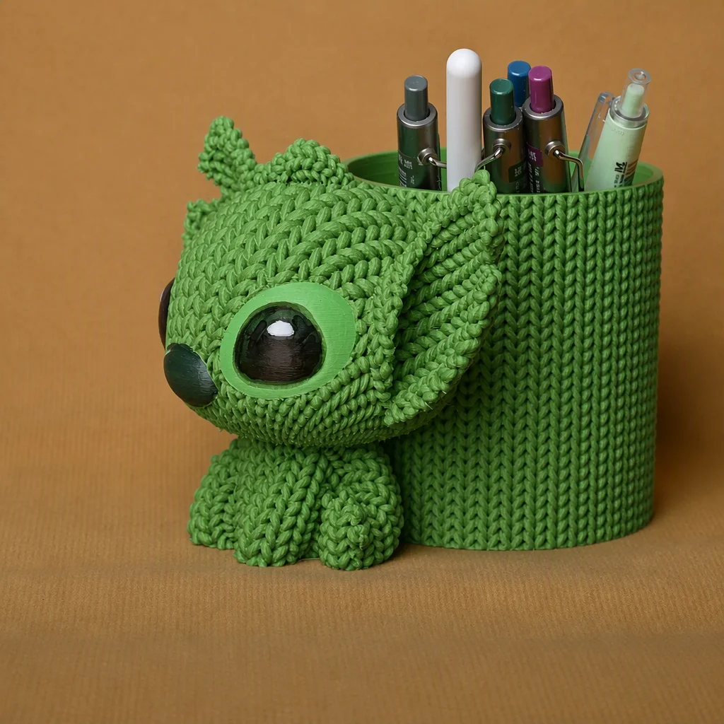 3D Baskı Knitted Kalemlik - Sevimli Karakterli Masaüstü Kalem Organizeri-Yeşil görsel 3