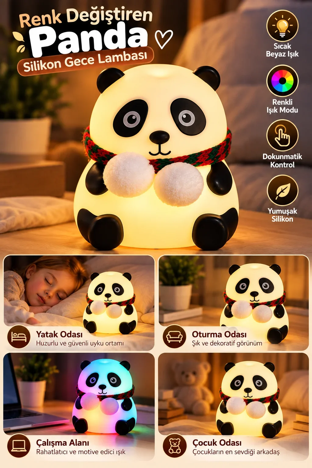 Yatak Odası Çocuk Odası İçin Renk Değiştiren Panda Silikon Gece Lambası