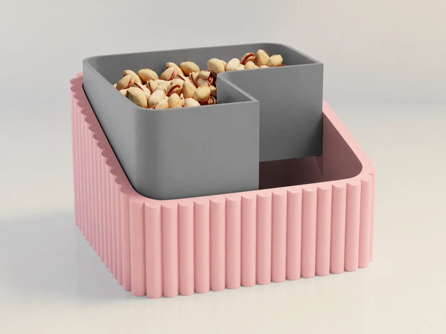 3D Baskı Fıstık Kasesi - Çift Hazneli Kabuk Ayırıcı Sunum Kasesi - Pembe Gri