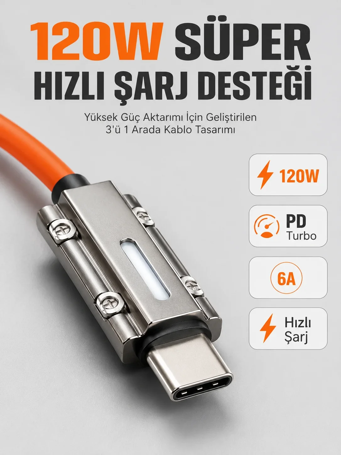 LED Göstergeli 120W PD Turbo Destekli Preum 3'ü 1 Arada Şarj Kablosu