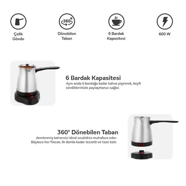 Crown CRW-7104 600W 6 Fincan Elektrikli Türk Kahve Makinesi Paslanmaz Çelik Inox Cezve AC220V görsel 2