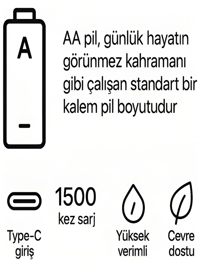 Type-C Şarjlı 2800MWH 1.5V Şarj Edilebilir 2’li AA5 Kalem Pil - Lityum Iyon Batarya görsel 4