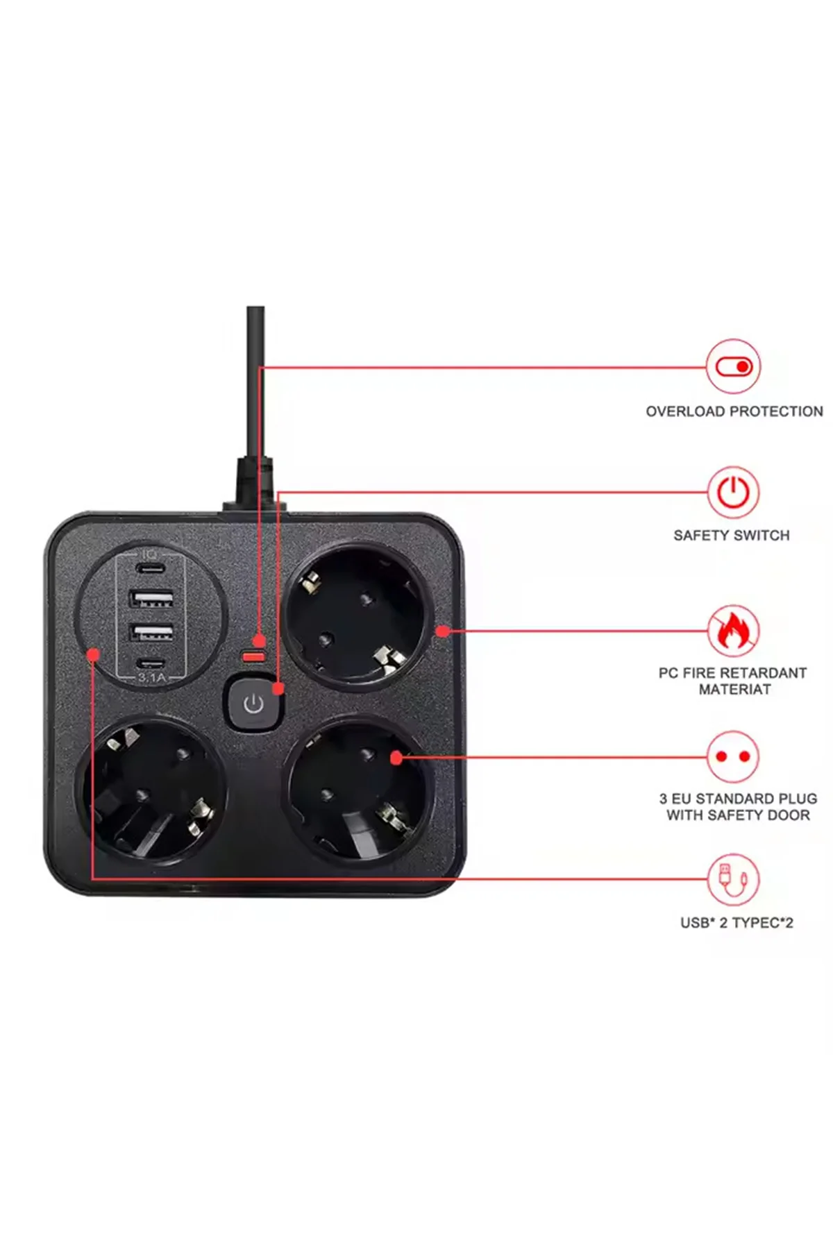 Akım Korumalı Anahtarlı Priz - 3X Priz - 2X Usb - 2X Type-C - 2 mt Kablo Hızlı Şarj Özellikli Siyah görsel 7