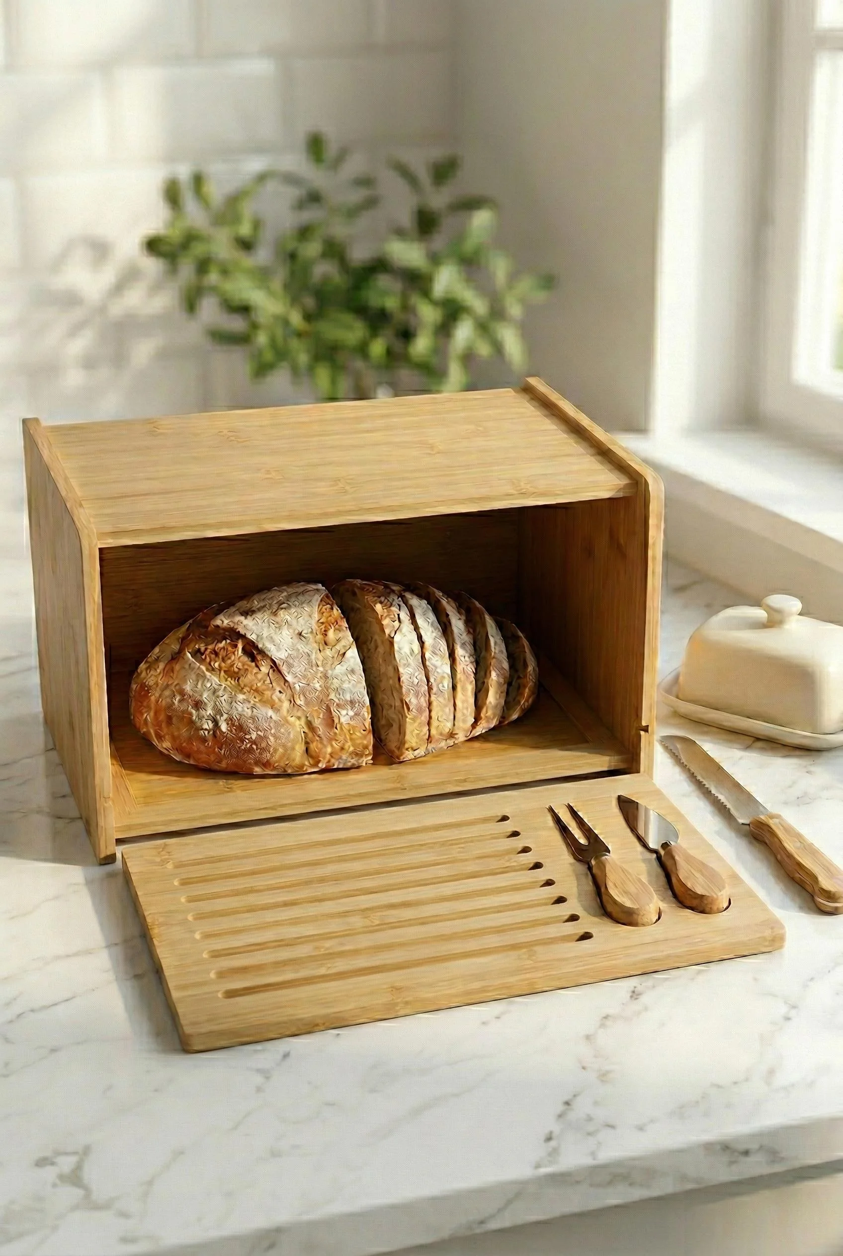 Doğal Bambu Kapaklı Ekmek Kutusu & Doğal Bambu Ekmek Dolabı (23x38x20 cm) görsel 2