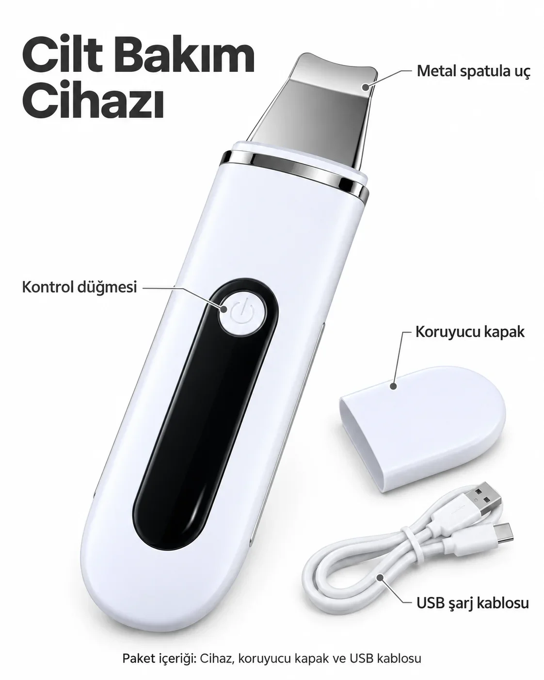 USB Şarjlı Metal Spatula Uçlu Beyaz Yüz ve Cilt Bakım Cihazı görsel 2