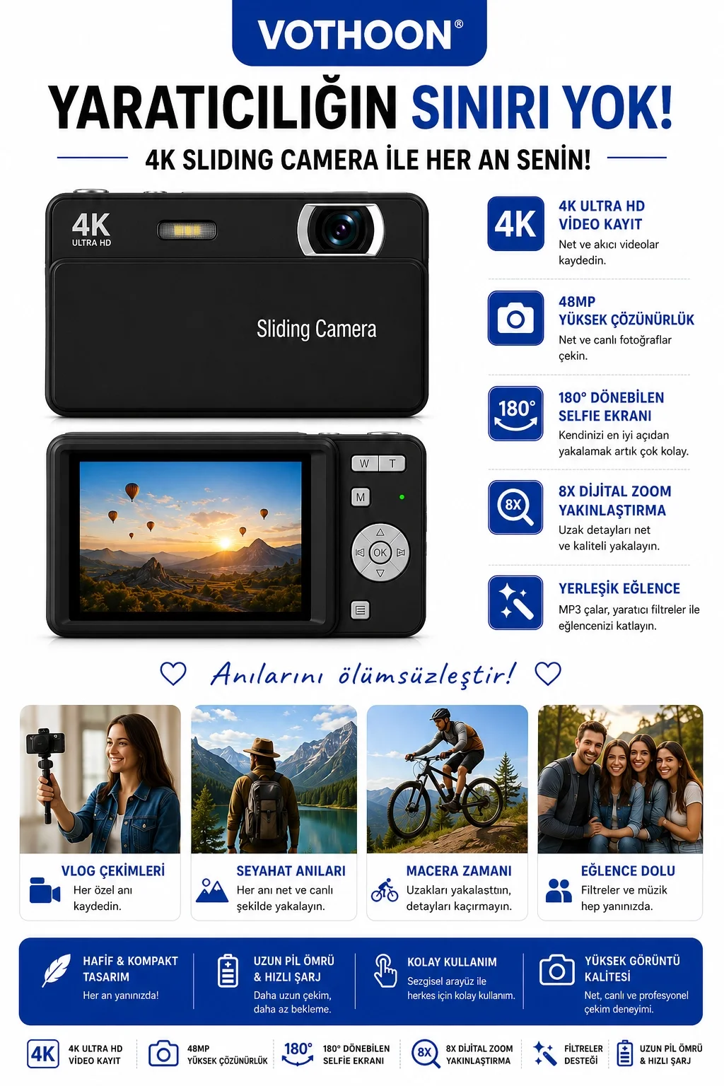 Dijital Kamera 4K HD 48MP 8X Zoom Flaşlı Kayar Retro Video Kamera 2.4’’ Ekran 64GB SD Kart Hediyeli Siyah görsel 3
