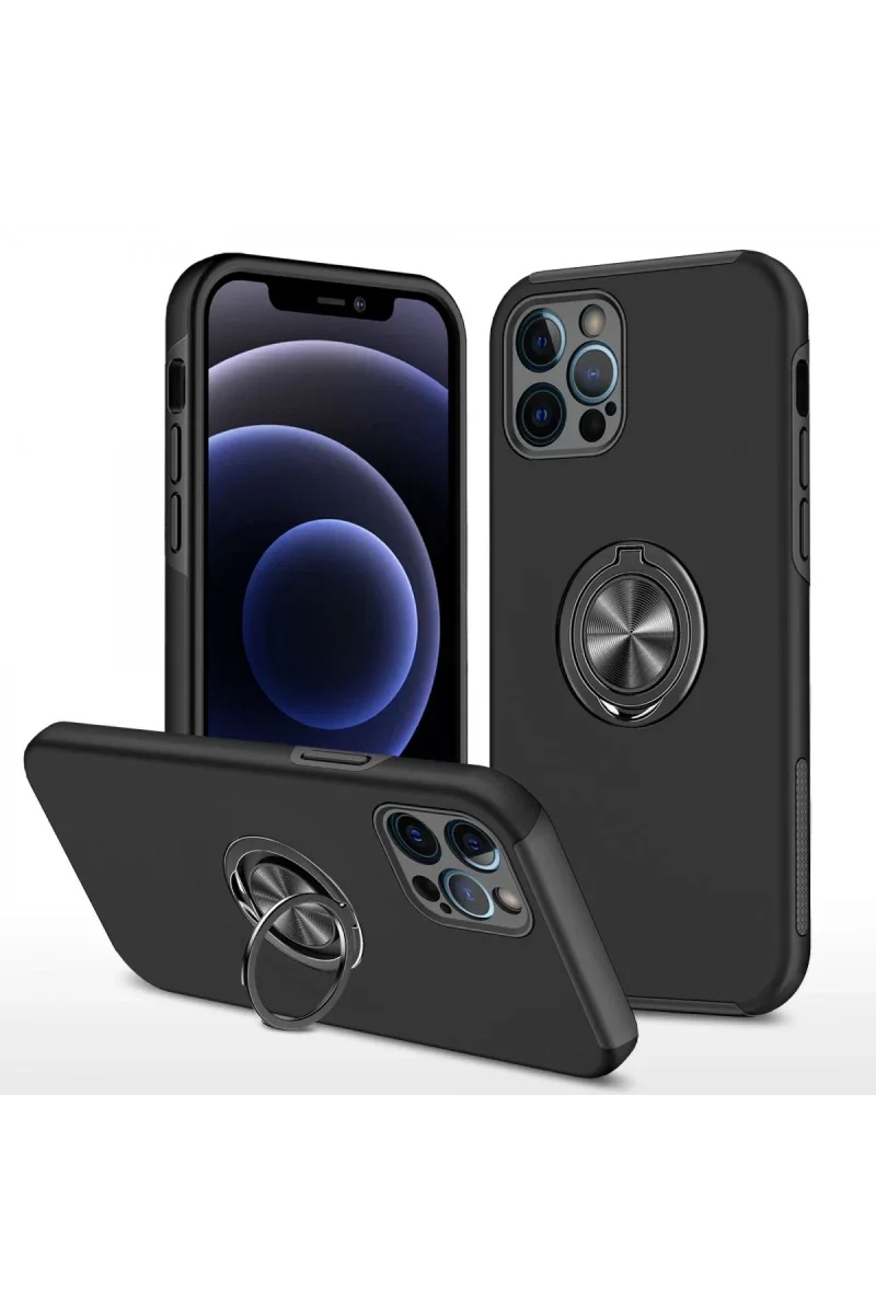 Apple iPhone 12 Pro Kılıf Elit Yüzüklü Kapak - Siyah