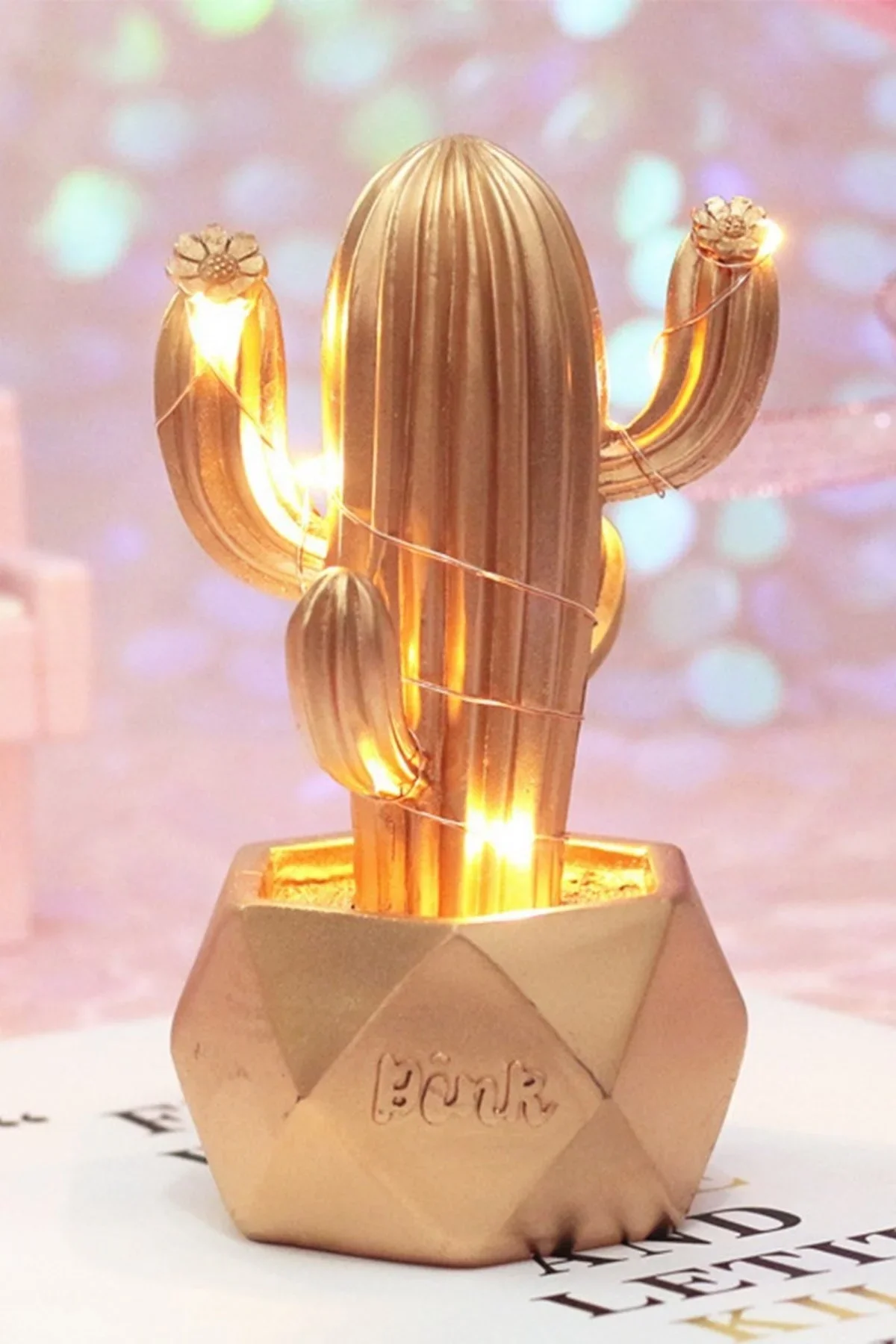 Led Işıklı Sevimli Kaktüs Dekoratif Masa Lambası ni Biblo Gece Lambası-GOLD görsel 8