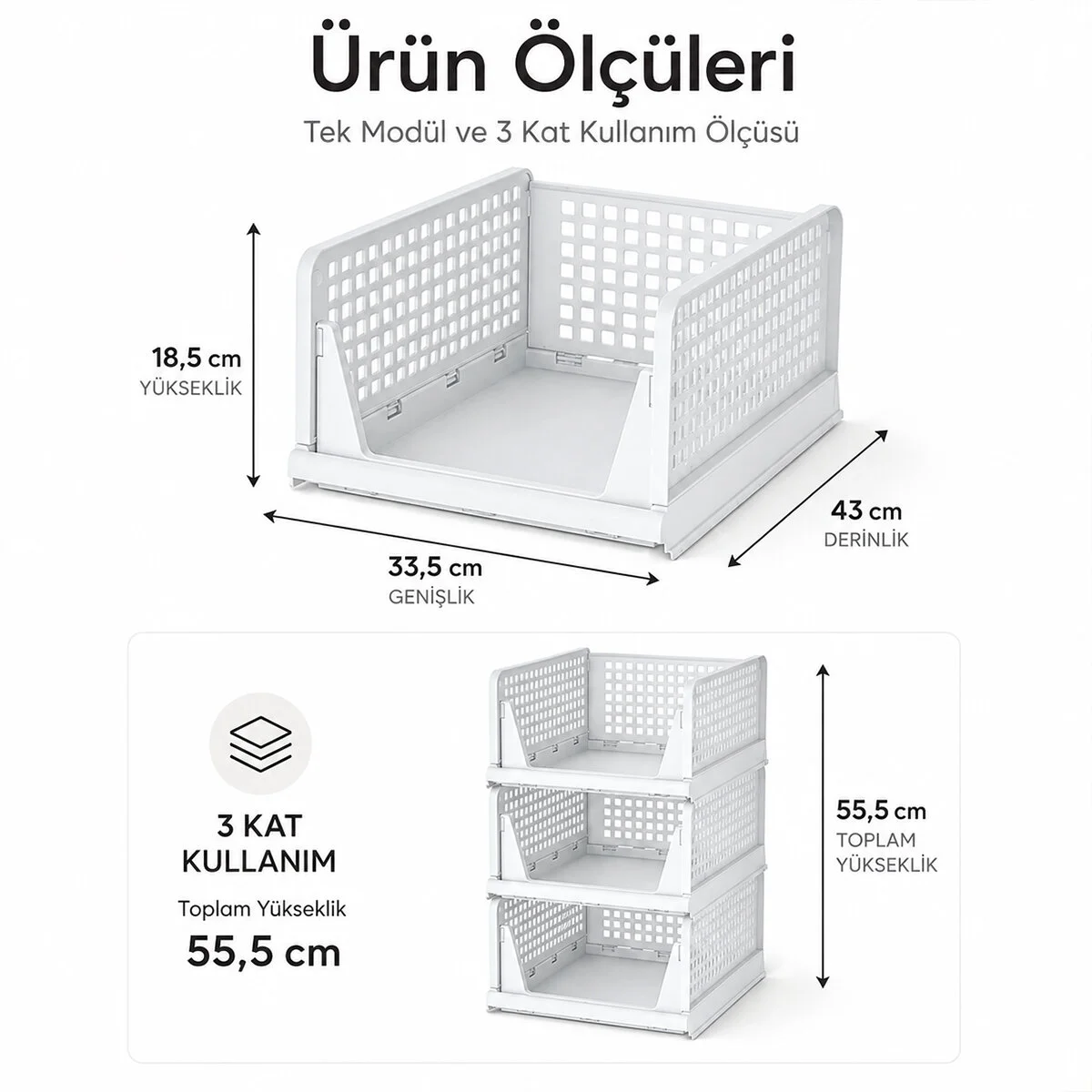 3 Katlı Portatif Organizer - Çok Amaçlı Kayar Raf 18.5X33.5X43CM Toplam 55.5CM