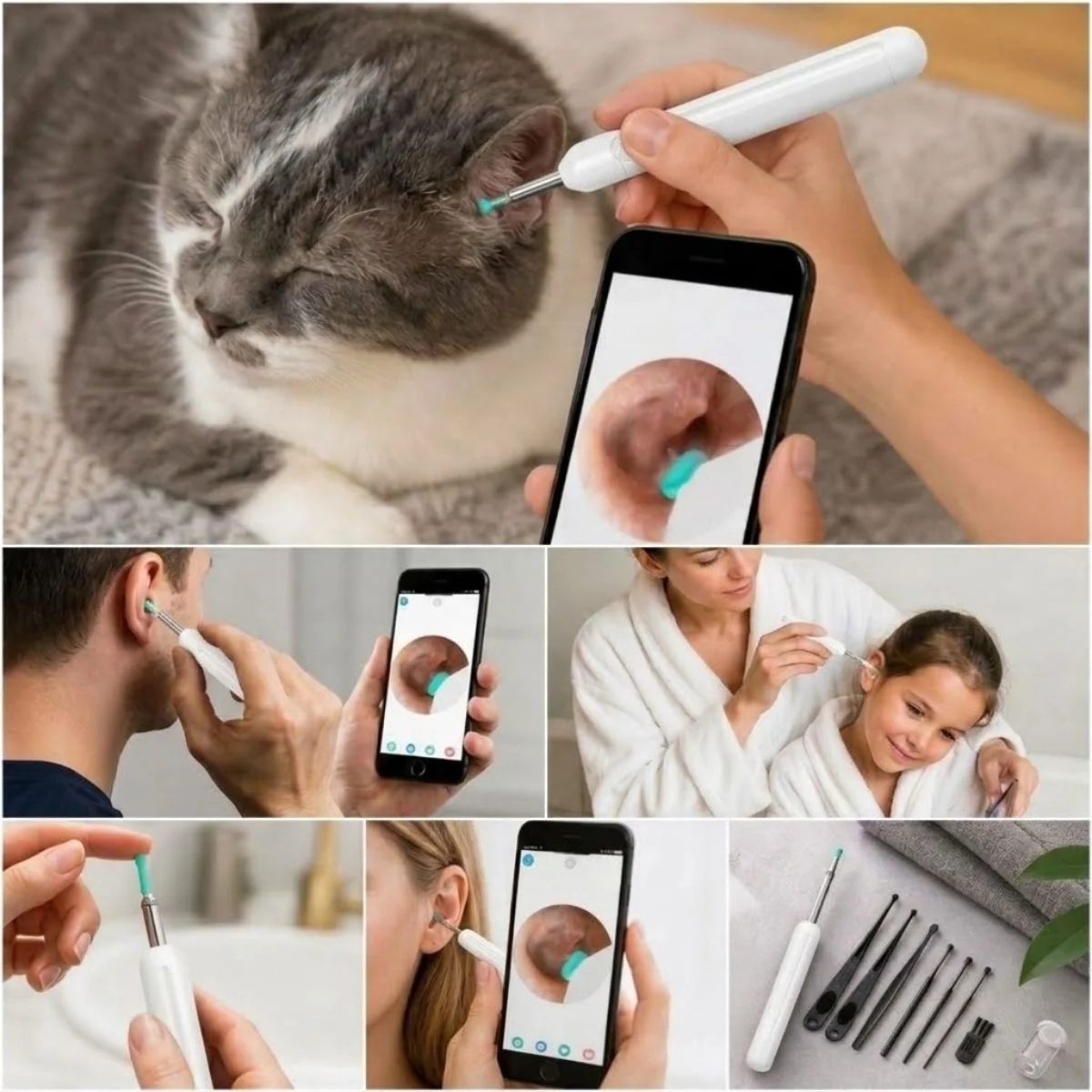 Beyaz Kablosuz HD Görüntülü Kulak Temizleme Kamerası, LED Işıklı Type-C Şarjlı iOS ve Android Uyumlu Kulak Temizleme Seti görsel 3