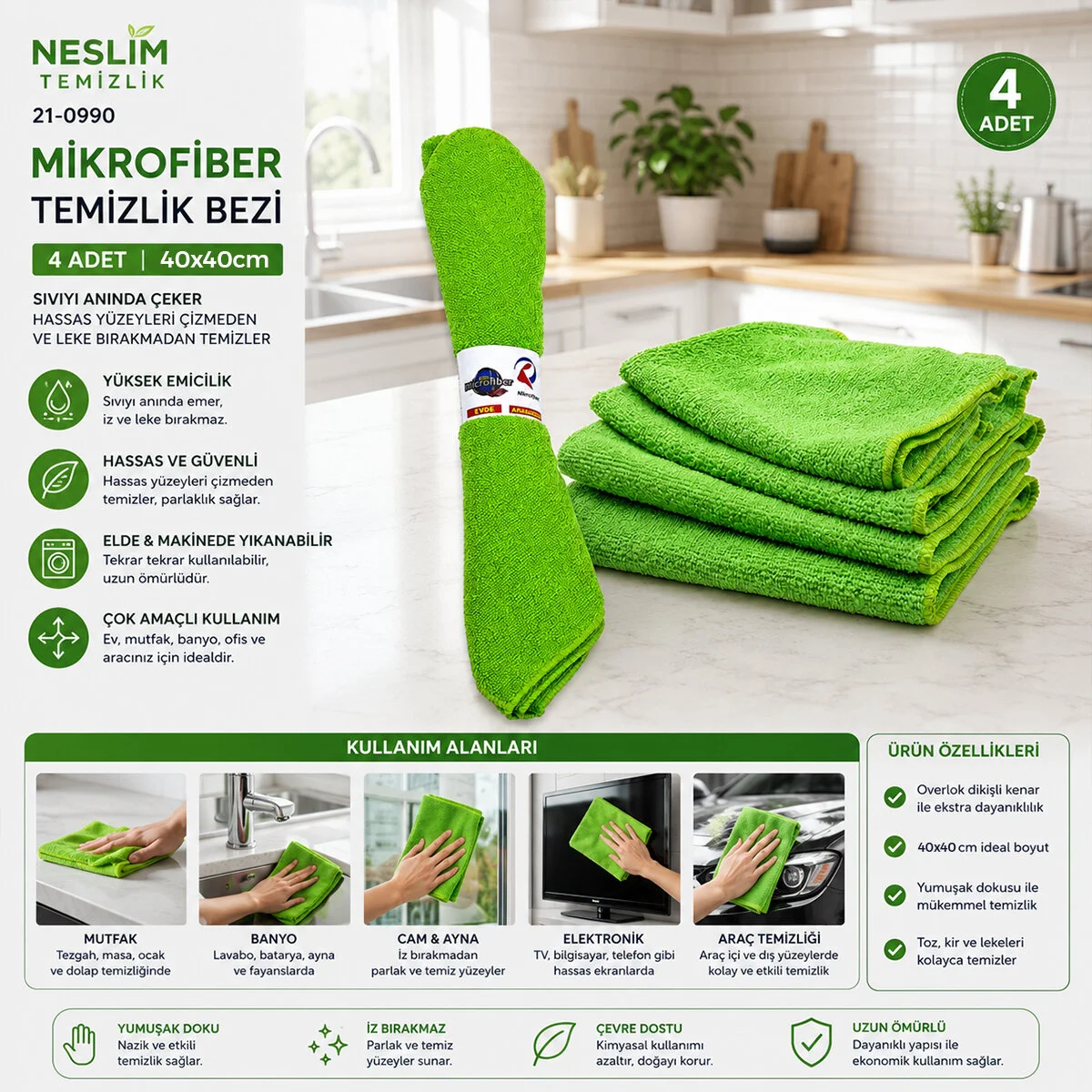 4PCS DÜRÜM - YUVARLAK SARIM 30x30CM MİKROFİBER TEMİZLİK BEZİ görsel 2