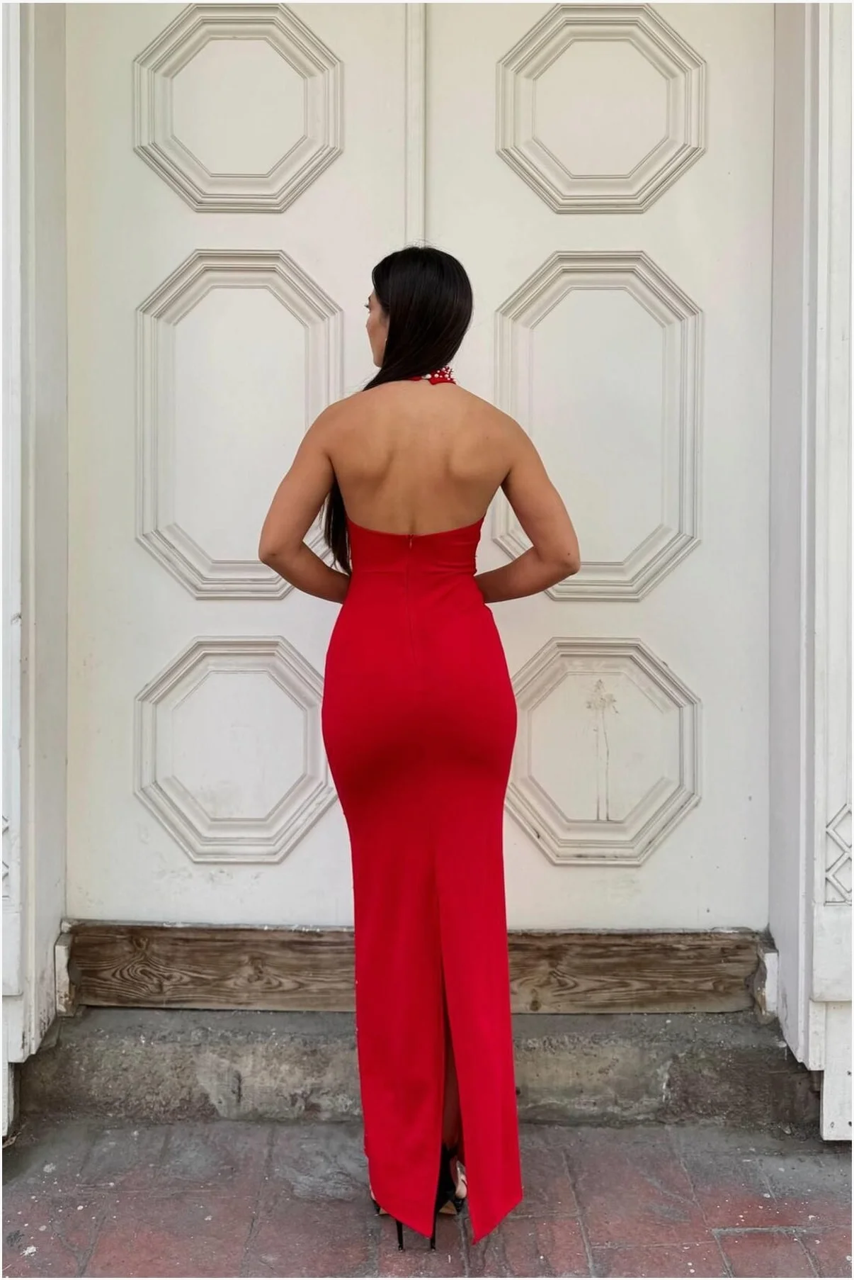 Kadın Gösterişli Balıkçı Yaka Balık Kesim Uzun Kollu Abiye Elbise görsel 4