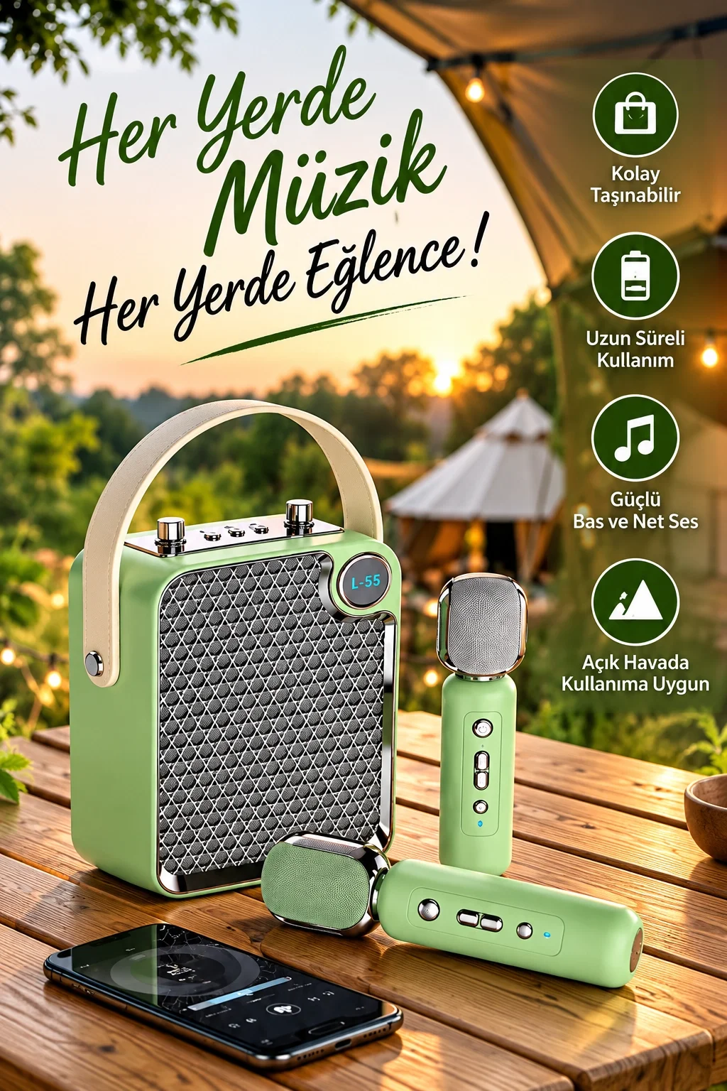 Bluetooth Karaoke Hoparlör 2 Mikrofonlu Taşınabilir Şarjlı Müzik Seti Ses Değiştirme Özl yeşil görsel 3