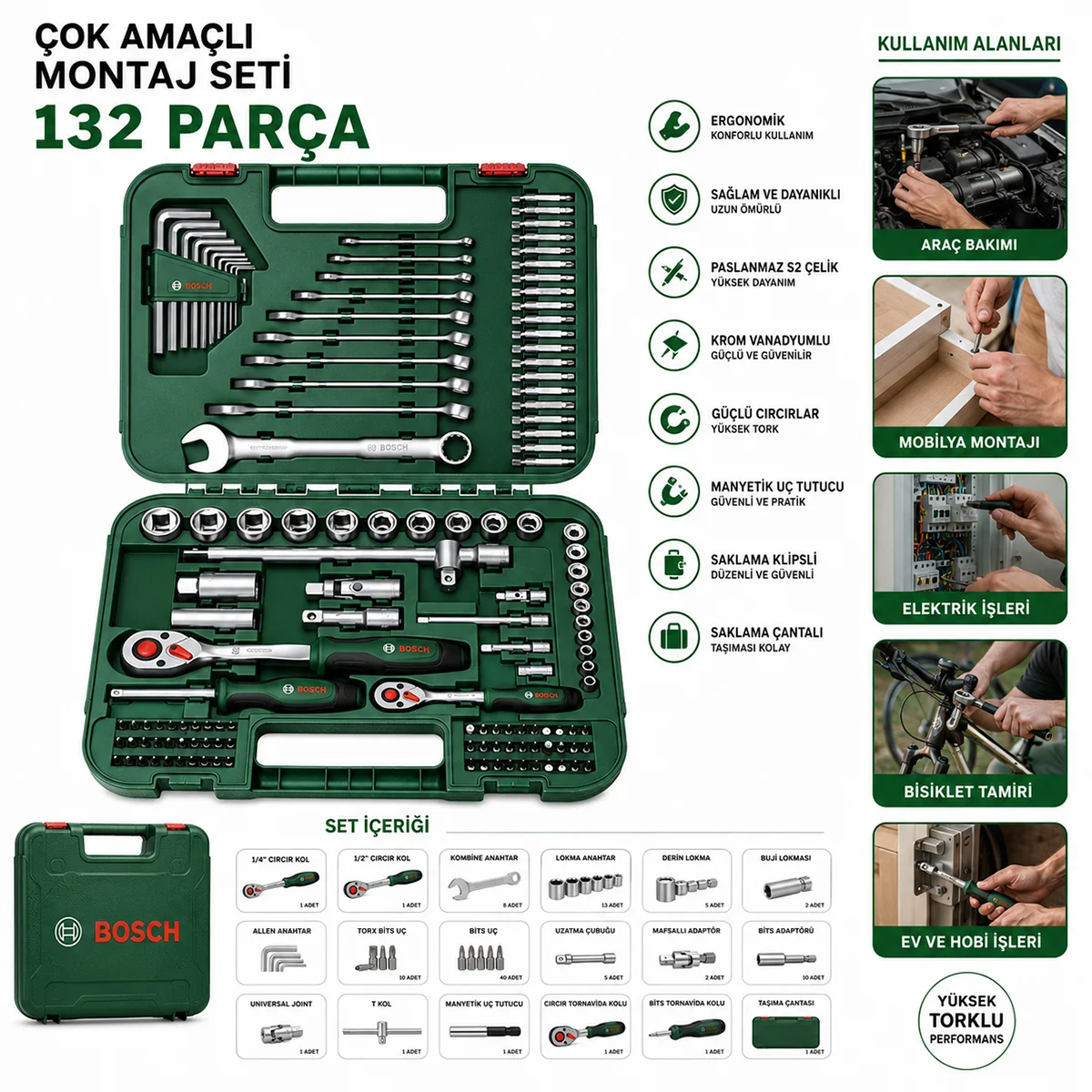 132 Parça 1/2 inç & 1/4 inç Lokma Takımı - Cırcır, Alyan, Bits ve Uzatma Uçları görsel 2
