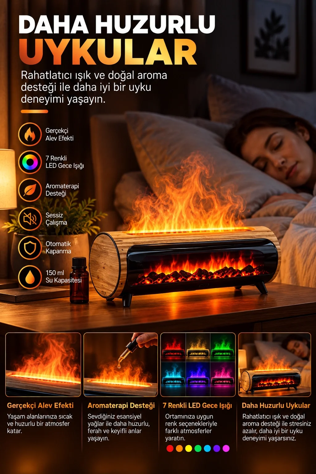 Şömine Görünümlü Hava Nemlendirici 150 ML 7 Renk LED Işıklı Ultrasonik Hava Nemlendirici Ahşap görsel 3