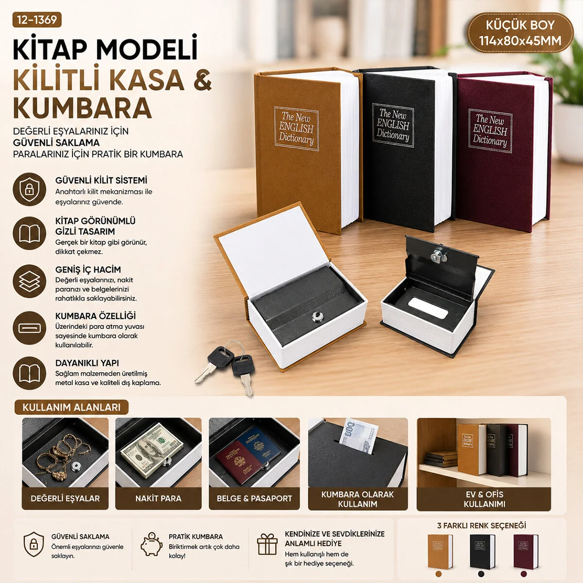KÜÇÜK=114X80X45MM Kitap Modeli Kilitli Kasa - Kumbara Renkli görsel 3