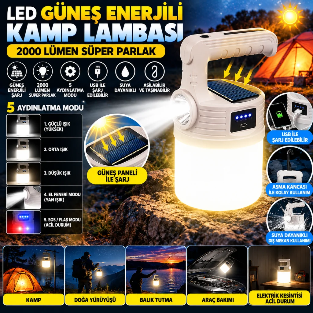 LED Güneş Enerjili Kamp Lambası–2000 Lümen Süper Parlak, 5 Aydınlatma Modlu,USB ile Şarj Edilebilir Dış Mekan,Asılabilir Torch El Feneri
