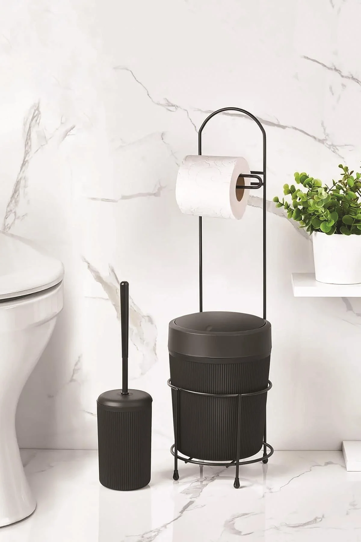 Metal Standlı Yuvarlak Kovalı & Kağıtlıklı & Fırçalıklı Siyah Banyo Takımı görsel 2