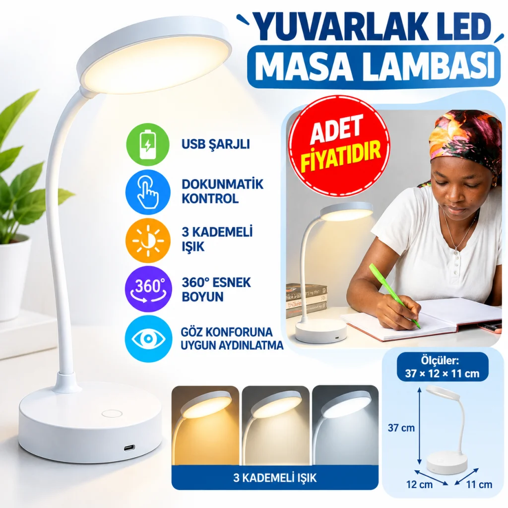 Yuvarlak USBli Dokunmatik 3 Kademeli 360 Derece Özel Göz Korumalı Led Lityum Masa Lambası (adet fiyatıdır)