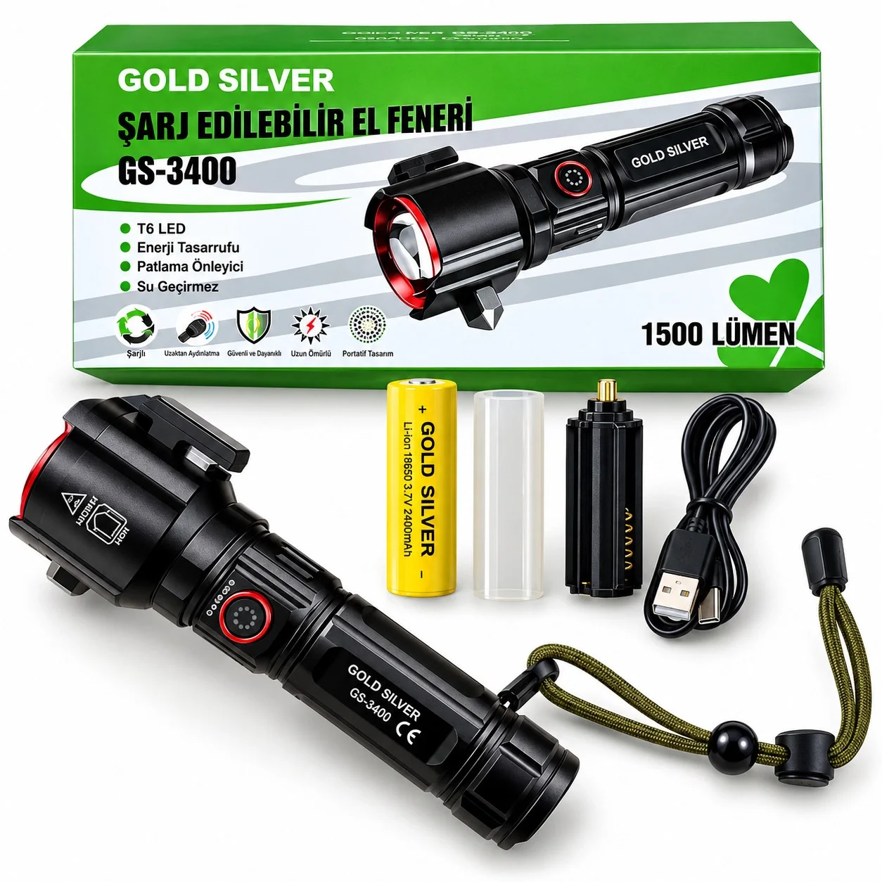 GS-3400 1500 Lümen Cam Kırma Aparatlı Zoomlu LED Şarj Edilebilir El Feneri