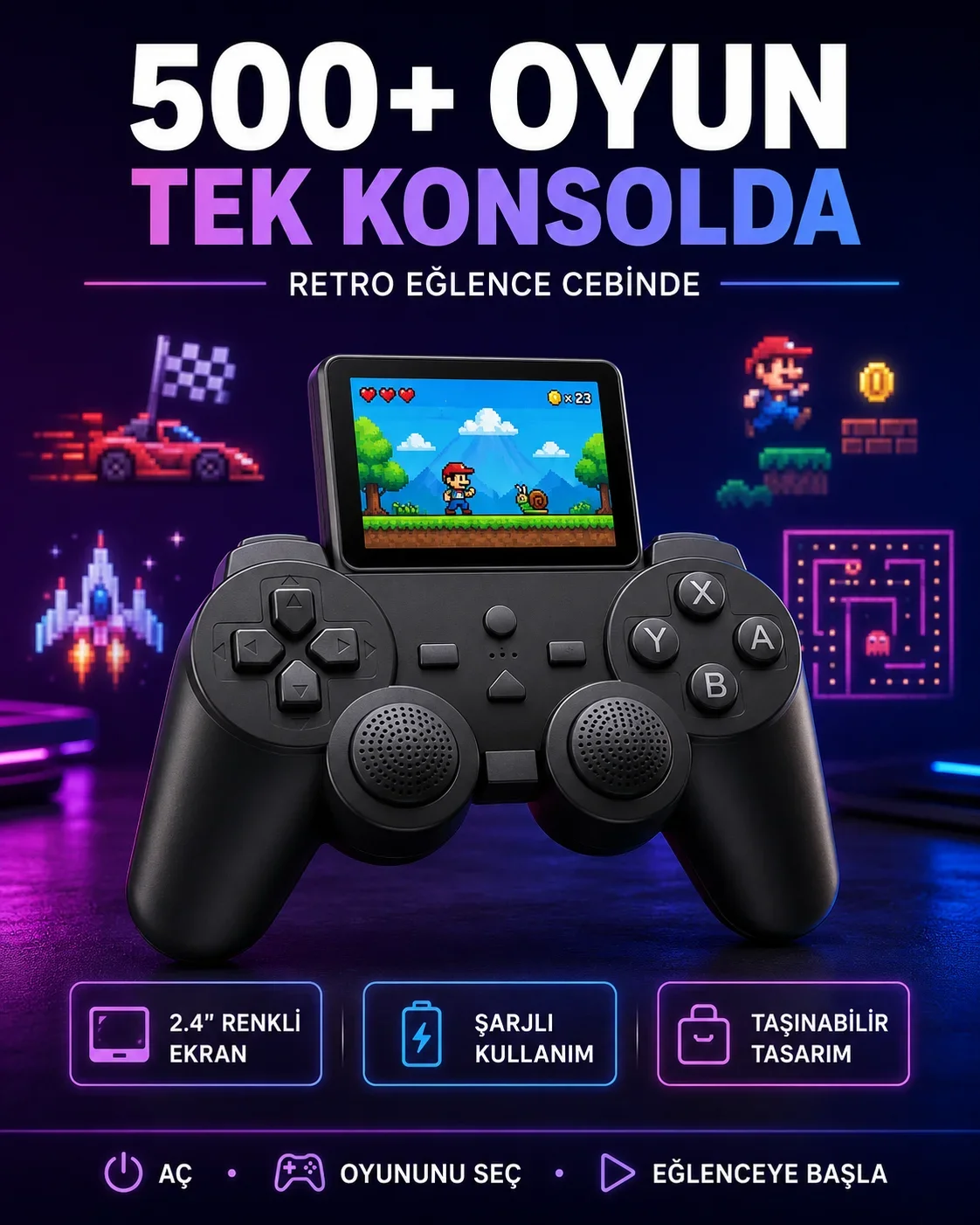 Çocuklar ve Yetişkinler İçin Uygun 500 Oyunlu Taşınabilir ni Retro El Konsolu