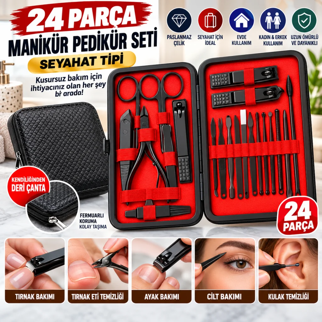 24 Parça Kendiliğinden Deri Çantalı Seyahat Tipi Manikür Pedikür Seti
