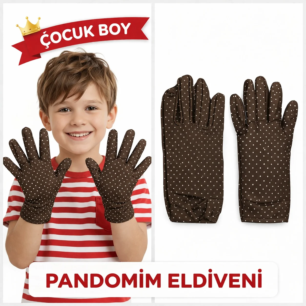 Çocuk Boy Pandom Eldiveni Beyaz Puantiyeli Kahve Renk Gösteri Eldiveni 23 Nisan 19 Mayıs