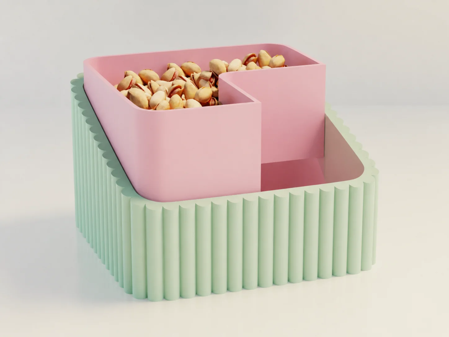 3D Baskı Fıstık Kasesi - Çift Hazneli Kabuk Ayırıcı Sunum Kasesi - Mint Pembe