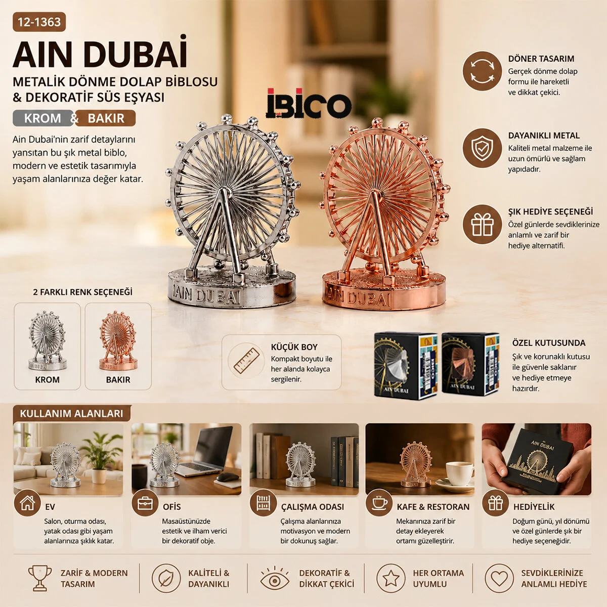 Küçük Aın Dubai Metalik Dönme Dolap Biblosu - Dekoratif Süs Eşyası Krom - Bakır görsel 2
