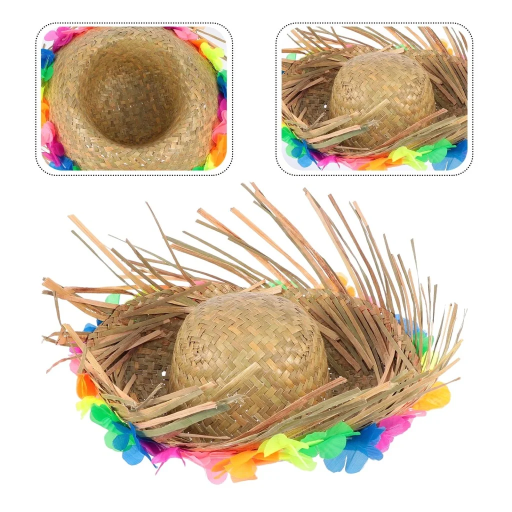 Naturel Renk Püsküllü Örme Hasır Hawaii Luau Aloha Şapka 13x36 cm görsel 2