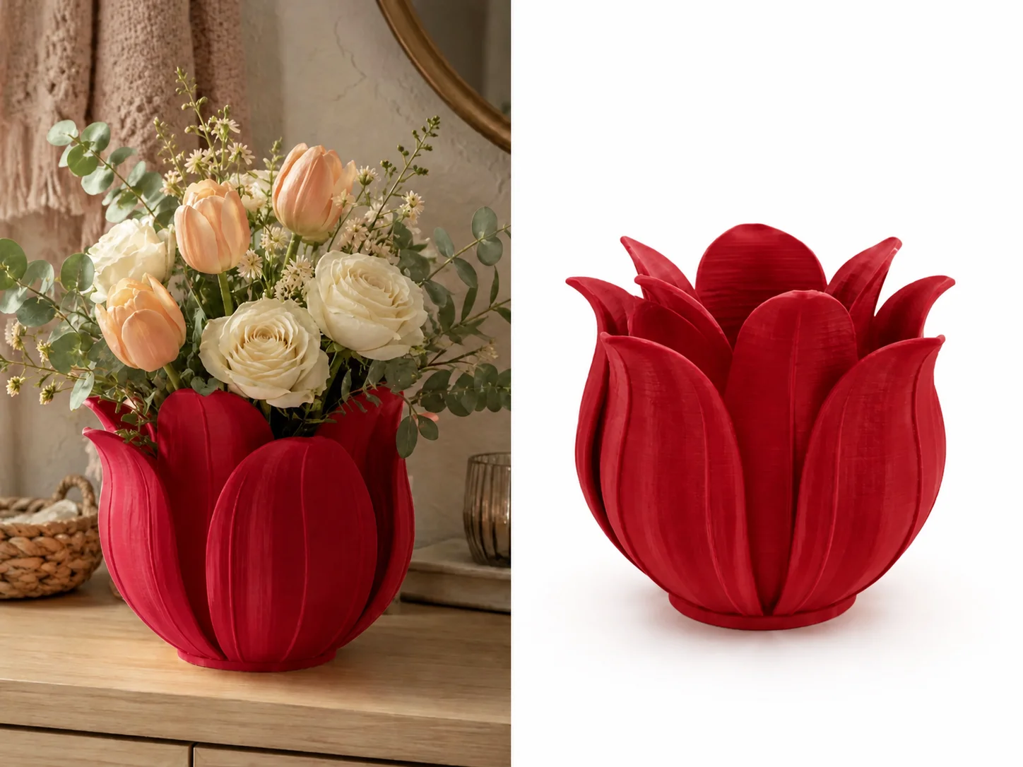 3D Baskı Lotus Yapraklı Vazo - Dekoratif Çiçeklik-Kırmızı
