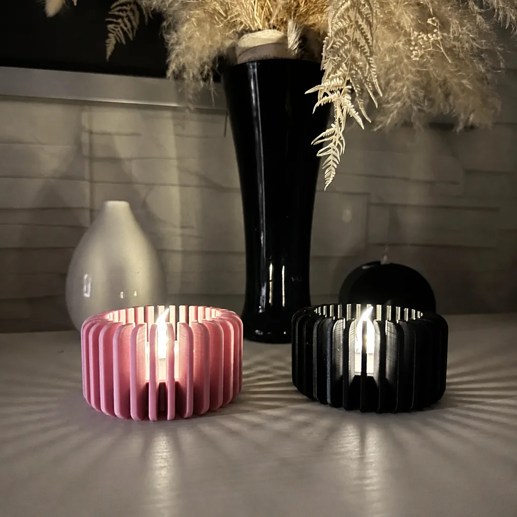 3D Baskı Modern Çizgili Mumluk - Tealight Mumluk (1 Adet)-Pembe görsel 2