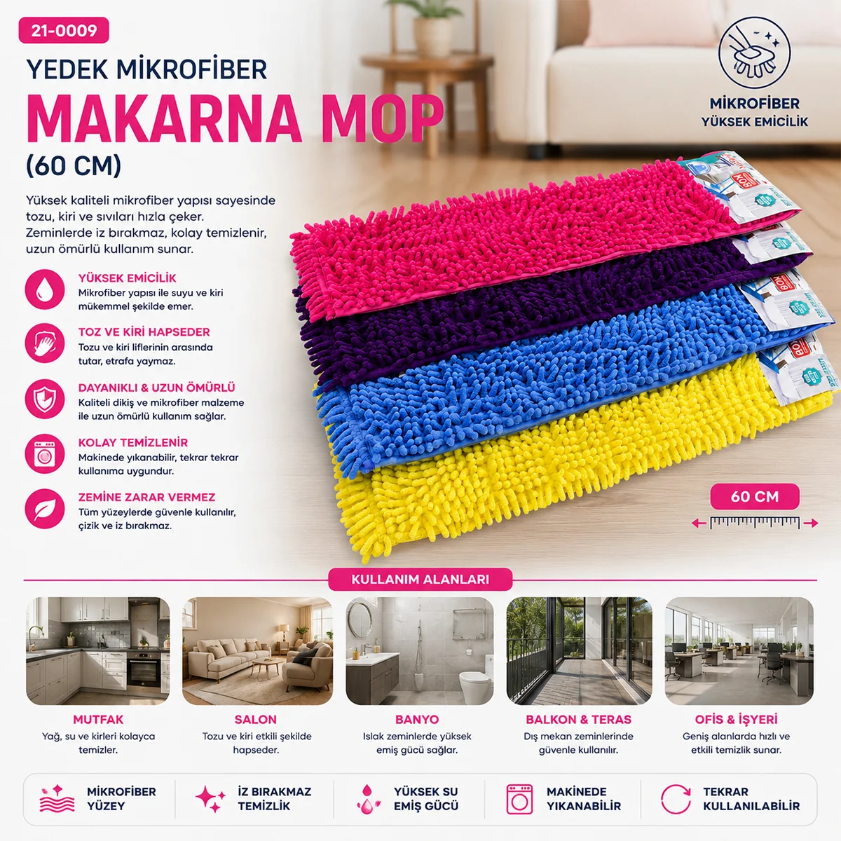 Mikrofiber Yedek Mop Başlığı 60 cm görsel 2