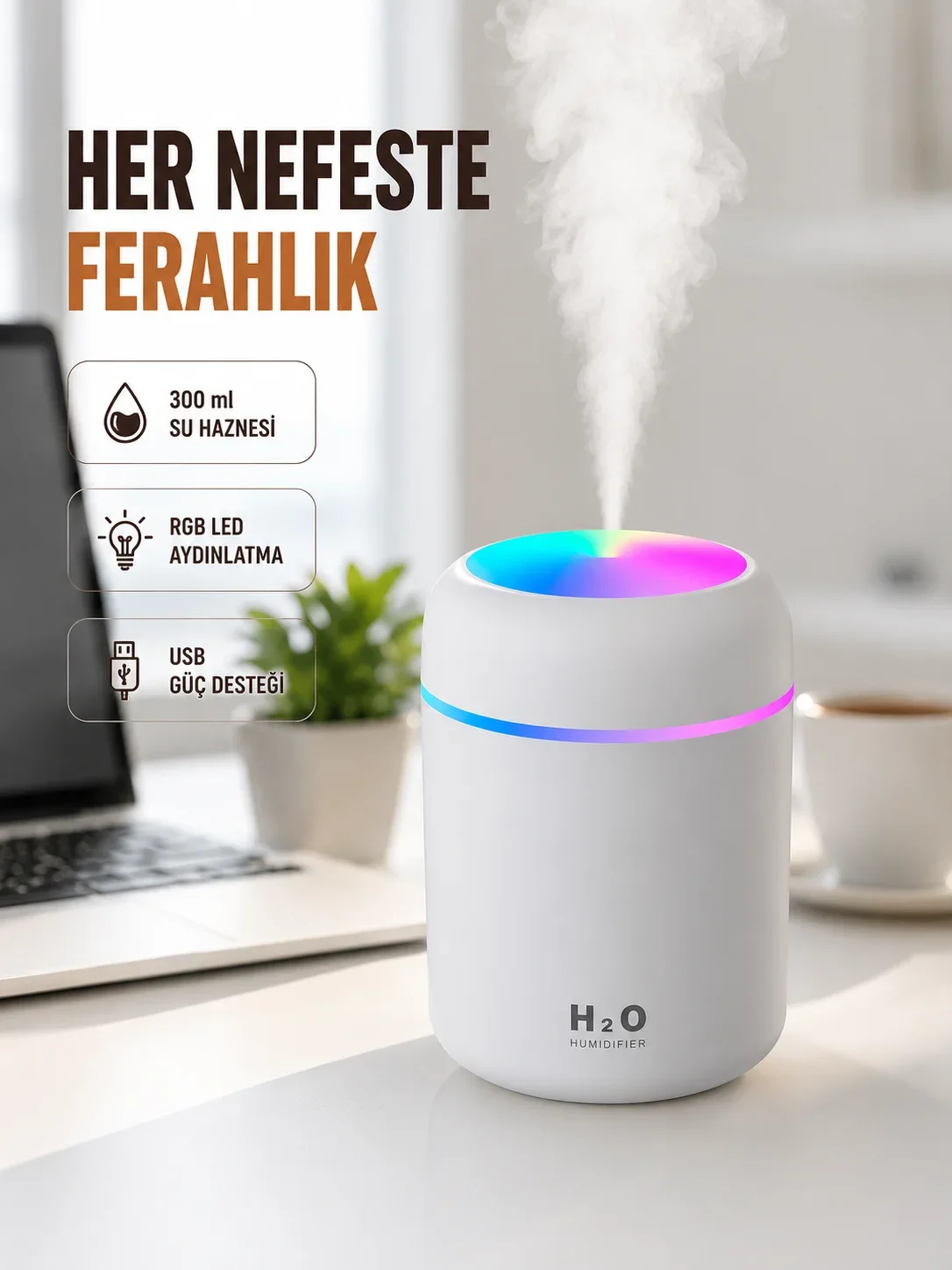 ABS Gövdeli 300ml USB Nemlendirici – Beyaz, Gri, Pembe Renk