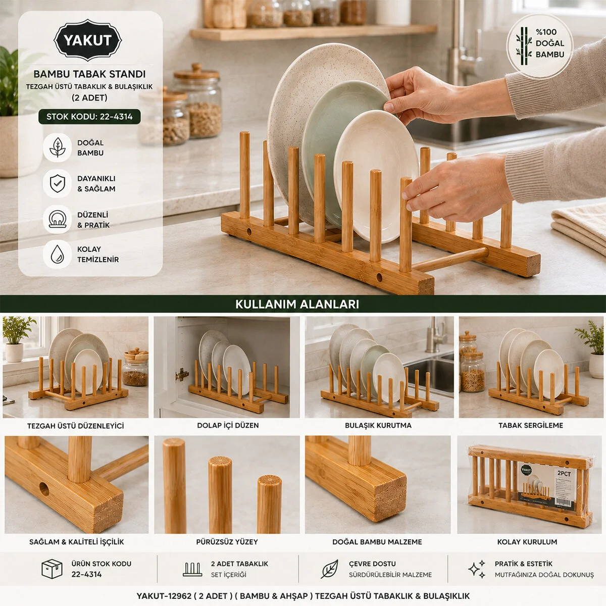 2PCS Bambu - Ahşap Tezgah Üstü Tabaklık - Bulaşıklık görsel 3