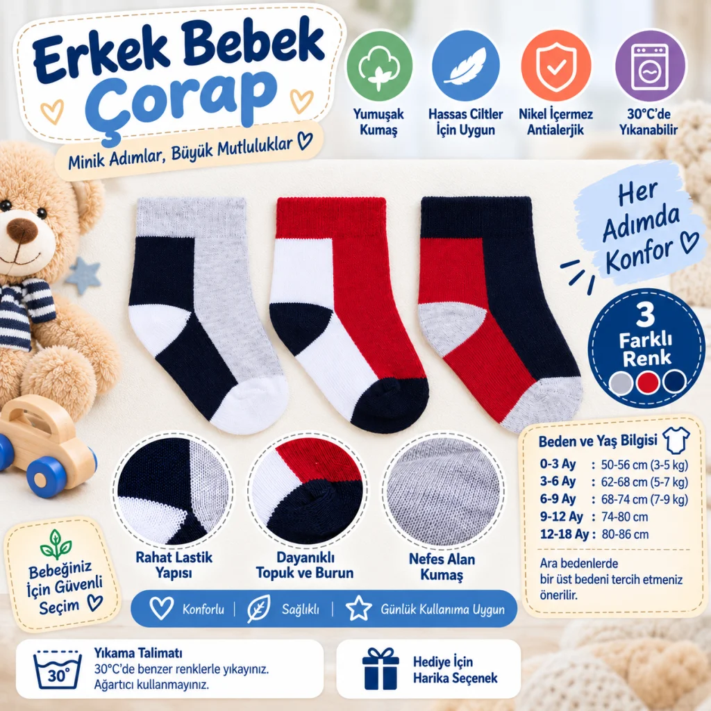 Assn Erkek Bebek Çorap USB2202 Gri Melanj (adet fiyatıdır)