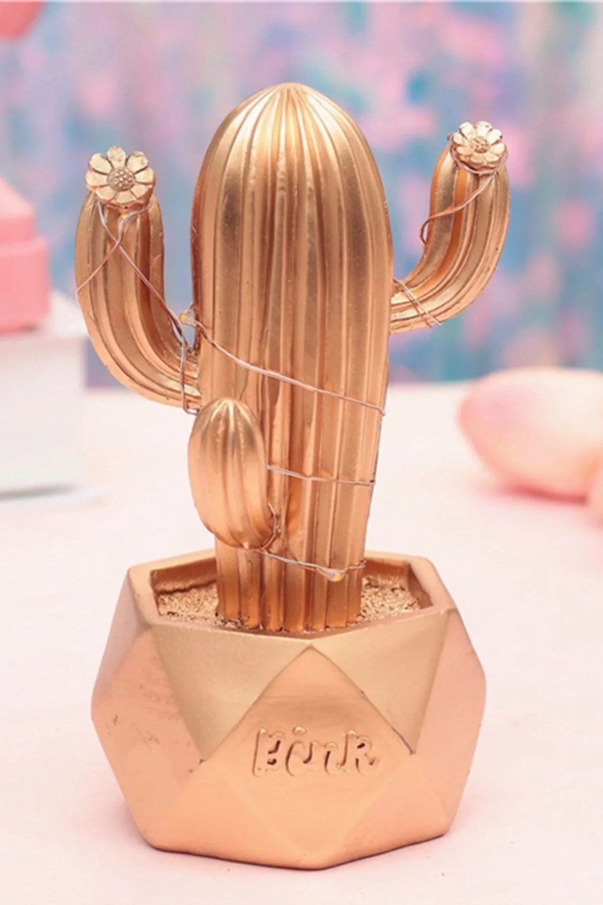 Led Işıklı Sevimli Kaktüs Dekoratif Masa Lambası ni Biblo Gece Lambası-GOLD görsel 7