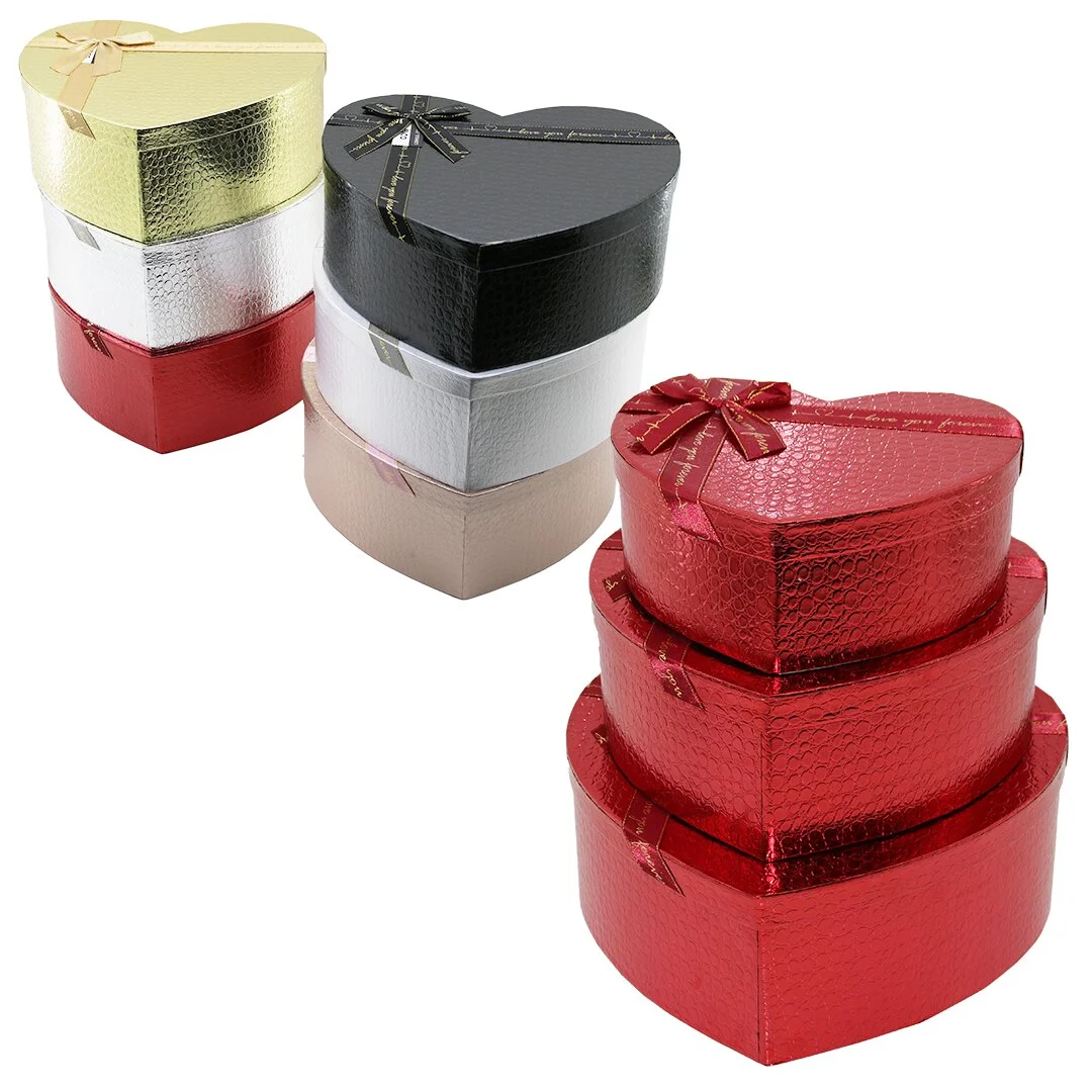 3PCS Kalp Parlak Mix Renkli - Kabartma Desen Karton Hediye Kutusu Kurdelalı 31X28-27X24-23X20CM