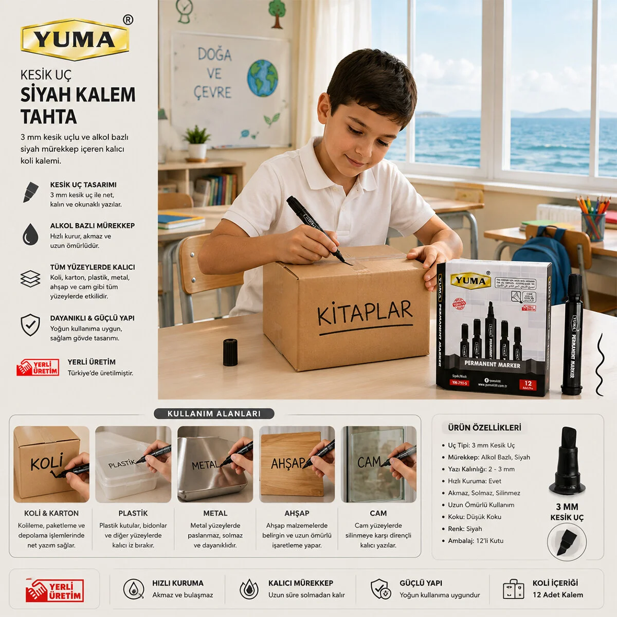 12 Adet Siyah Tahta Kalem Kesik Uç 3MM görsel 2
