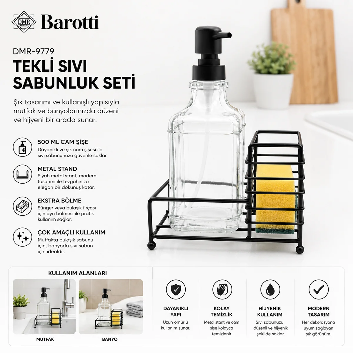 Cam Sıvı Sabunluk 500 ml Siyah Metal Stand ve Pompa görsel 3