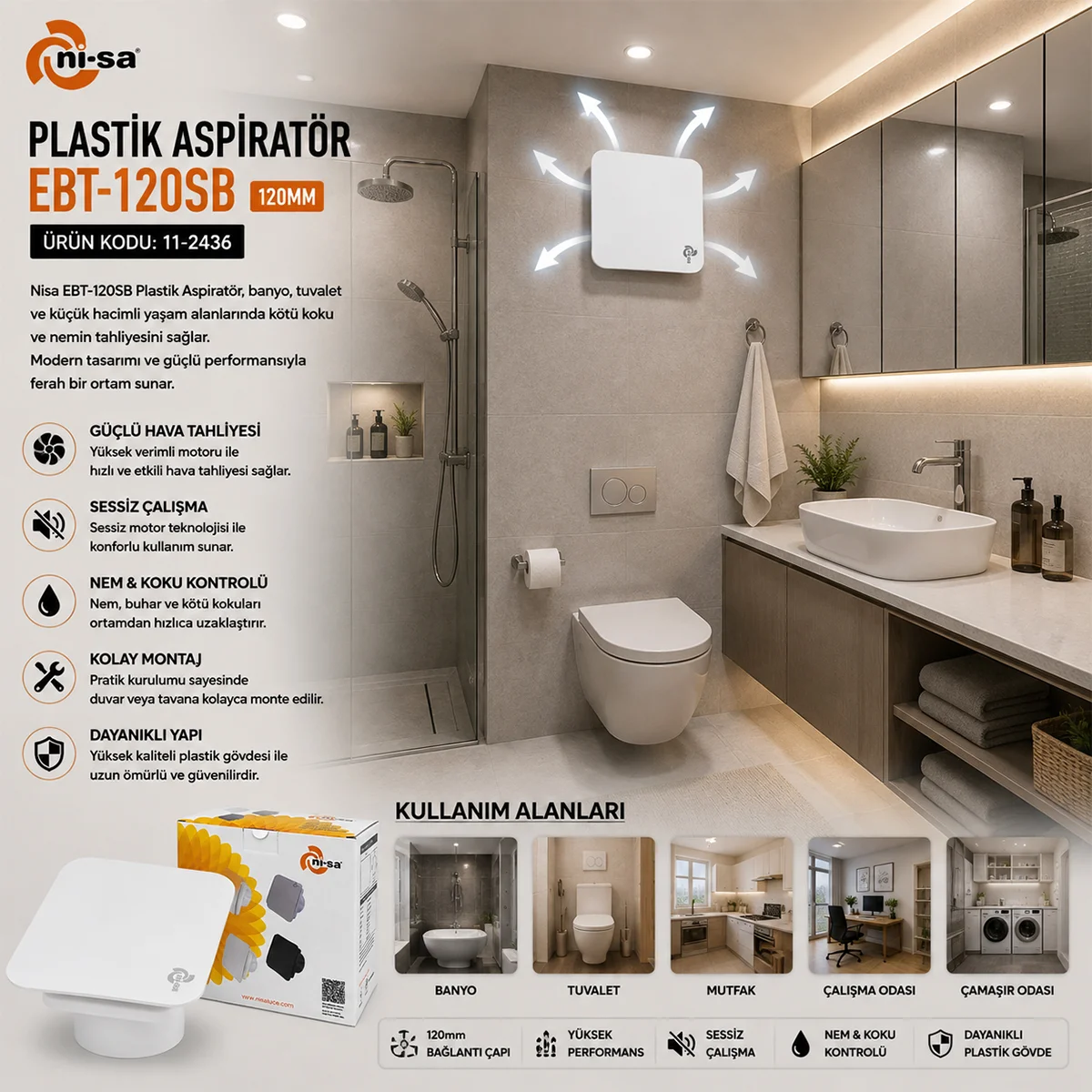 120 mm Plastik Banyo Tuvalet Aspiratörü 16W 80m³/h görsel 4
