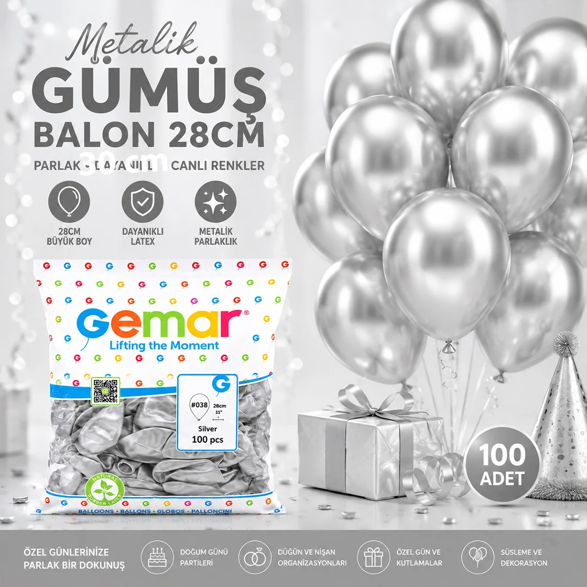 Metalik Gümüş Balon 11'' (28 cm) - 100'lü görsel 3