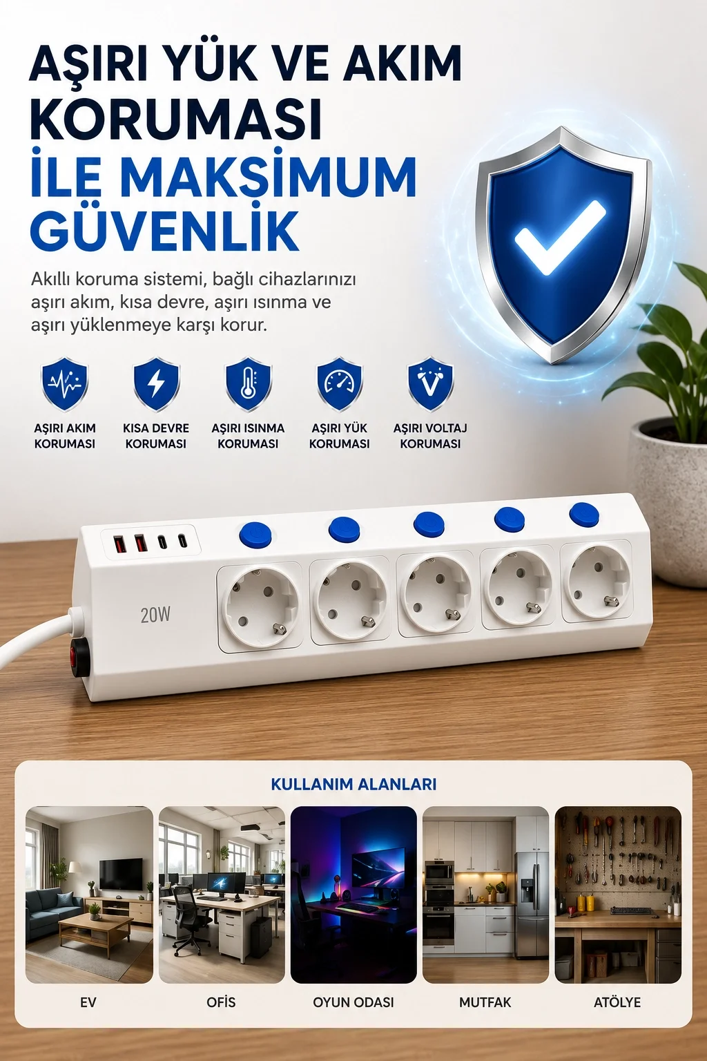 5’li Akım Korumalı Çoklu Priz 2 Metre Kablolu 3680W 16A 5 Anahtarlı 2USB-A 2 USB-C PD 20W Hızlı Ftr-28 görsel 2