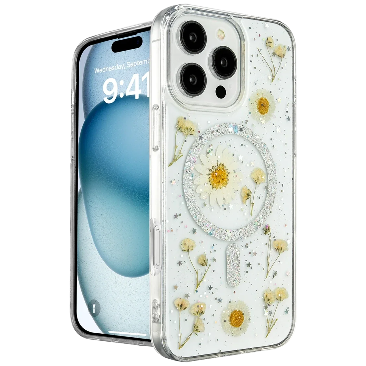 Apple iPhone 16 Pro Kılıf Daisy Simli Magsafe Kapak - Gümüş