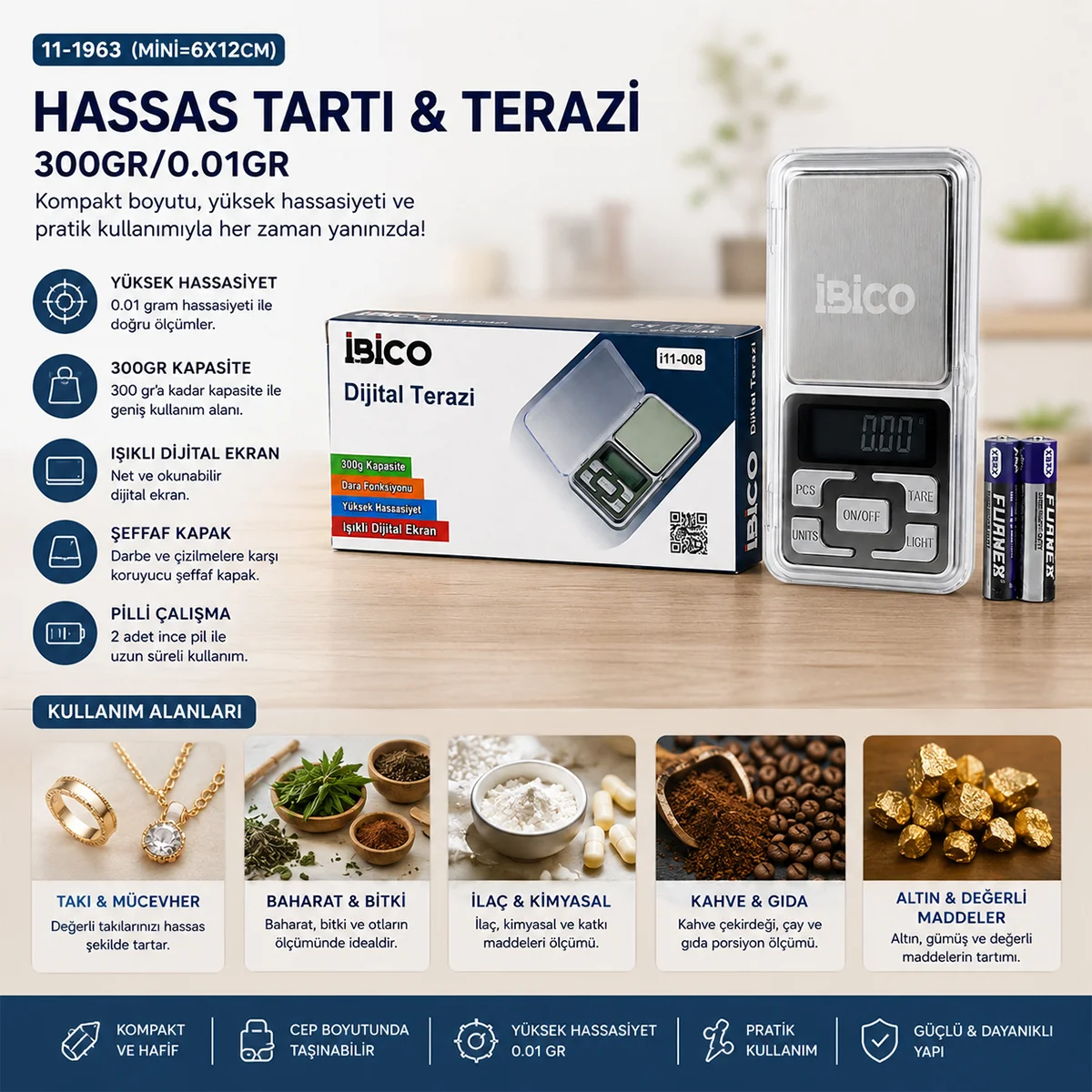 Mini Hassas Terazi 300g/0.01g (6x12 cm) Şeffaf Kapaklı, Pilli görsel 3