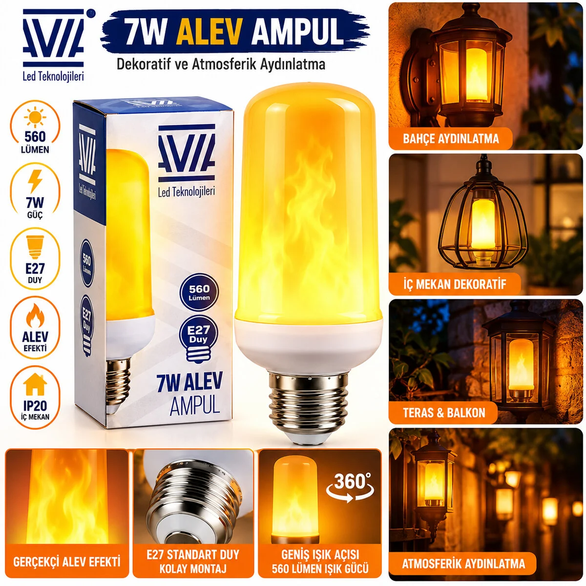7W E27 Alev Ampul Lamba 560 Lümen IP20 görsel 2